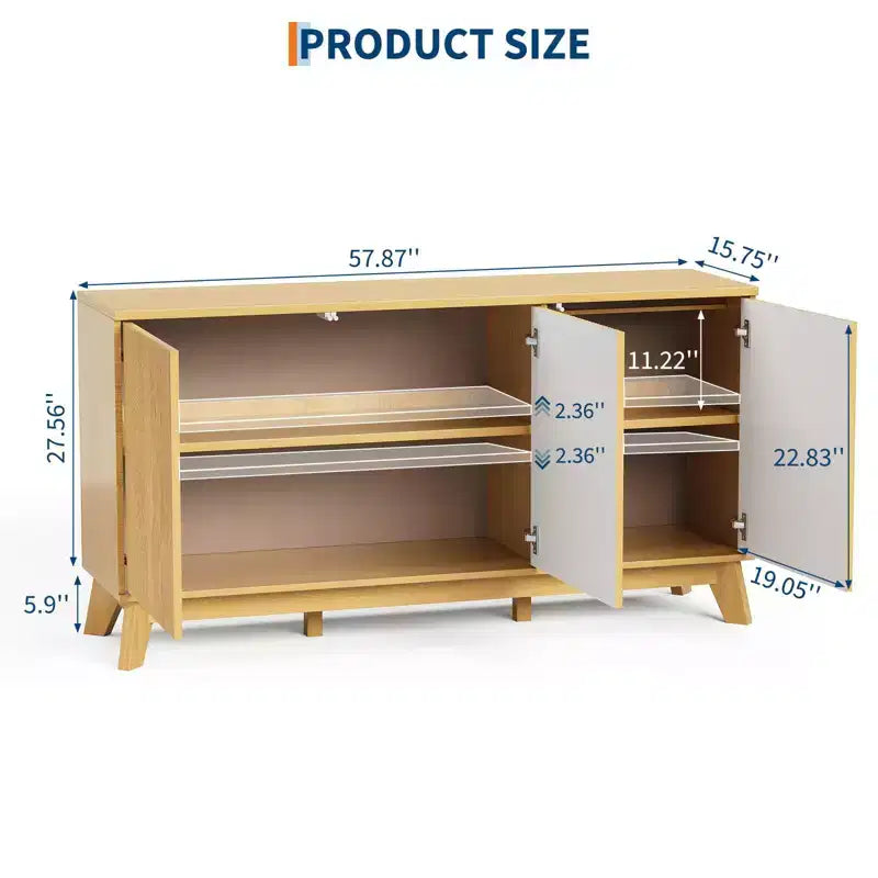 Credenza a buffet scanalata da 58 pollici con 3 ante e ripiani regolabili, tavolo consolle curvo in legno stile rustico, mobiletto contenitore per bar da caffè