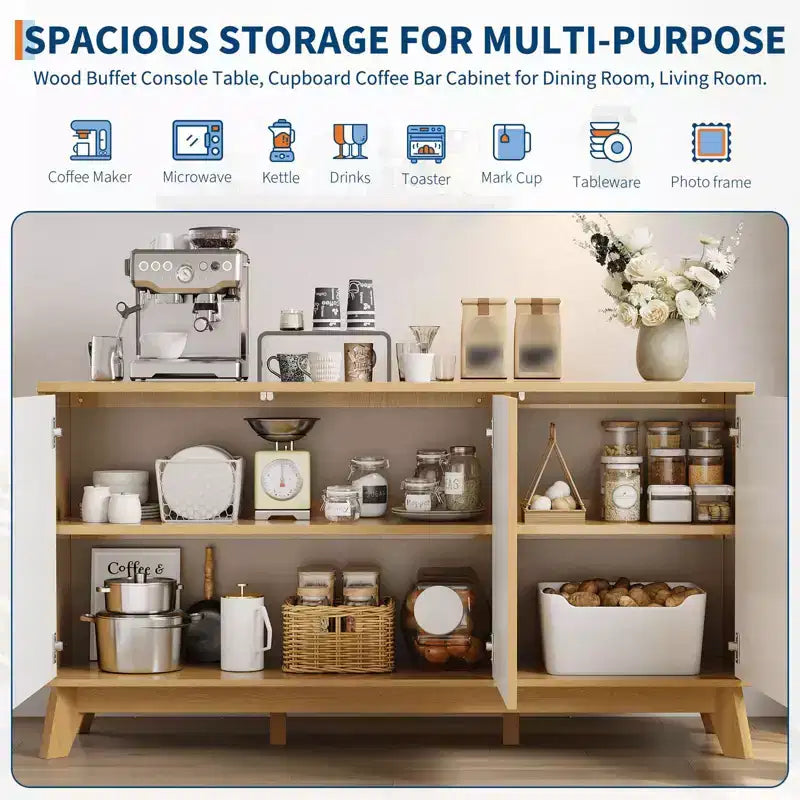 Credenza a buffet scanalata da 58 pollici con 3 ante e ripiani regolabili, tavolo consolle curvo in legno stile rustico, mobiletto contenitore per bar da caffè