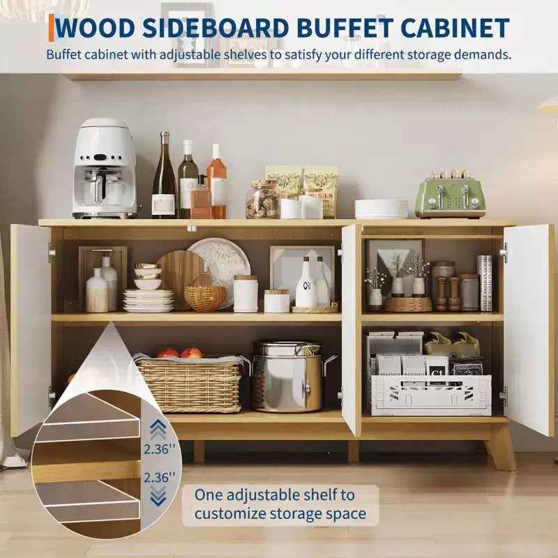 Credenza a buffet scanalata da 58 pollici con 3 ante e ripiani regolabili, tavolo consolle curvo in legno stile rustico, mobiletto contenitore per bar da caffè