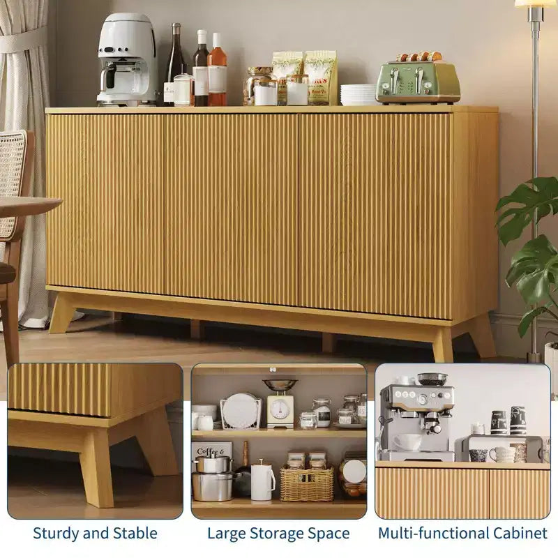 Credenza a buffet scanalata da 58 pollici con 3 ante e ripiani regolabili, tavolo consolle curvo in legno stile rustico, mobiletto contenitore per bar da caffè