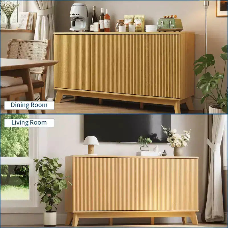 Credenza a buffet scanalata da 58 pollici con 3 ante e ripiani regolabili, tavolo consolle curvo in legno stile rustico, mobiletto contenitore per bar da caffè