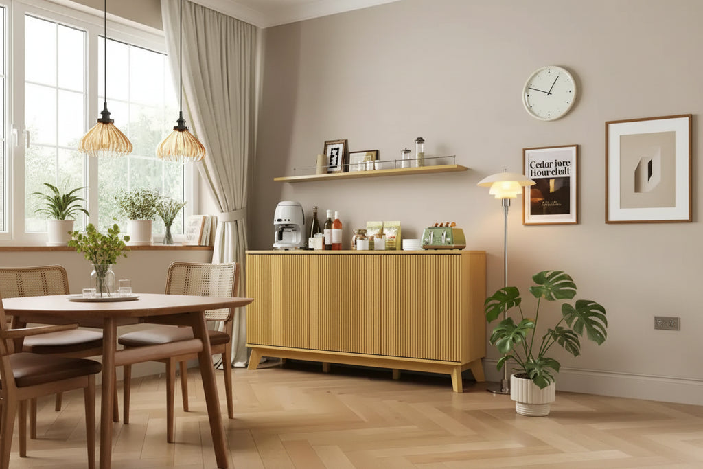 Credenza a buffet scanalata da 58 pollici con 3 ante e ripiani regolabili, tavolo consolle curvo in legno stile rustico, mobiletto contenitore per bar da caffè