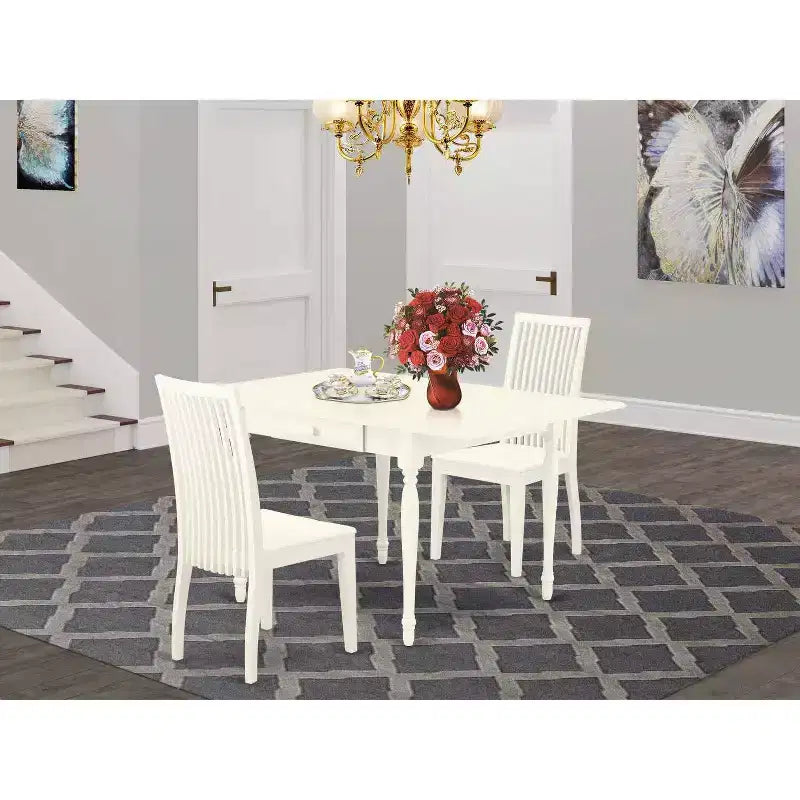 Set tavolo da pranzo 3 pezzi con piano a ribalta, piano in legno massello bianco lino, 2 posti a sedere