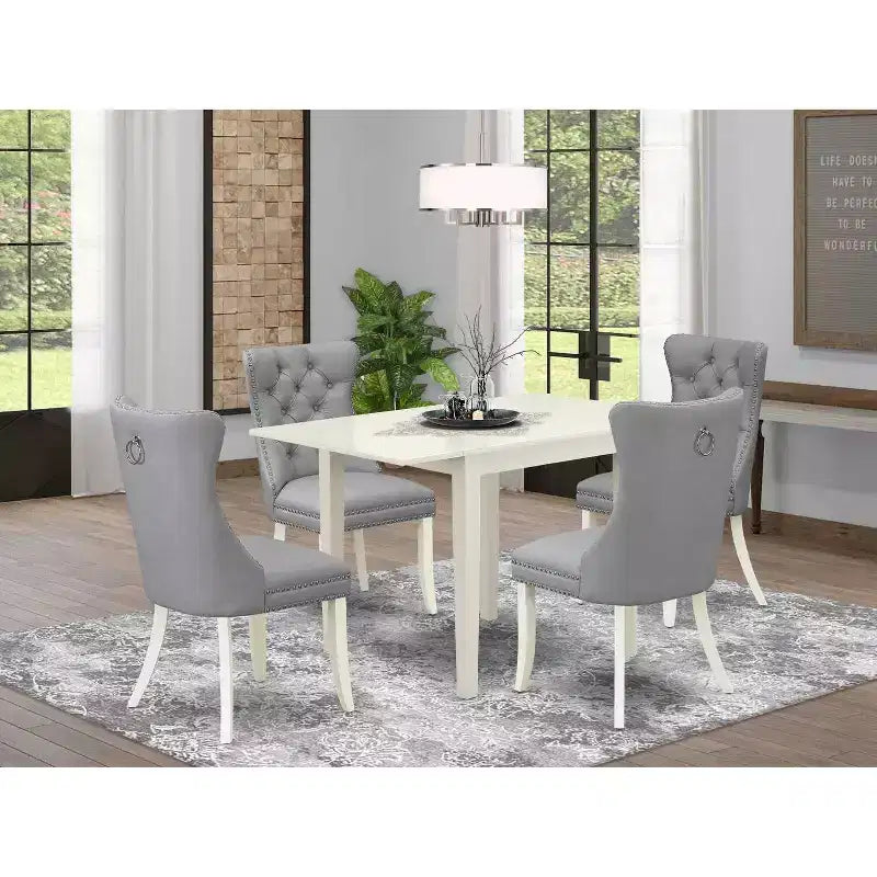 Set da pranzo rettangolare imbottito 5 pezzi, finitura bianca lino e piano in legno massello - 4 posti