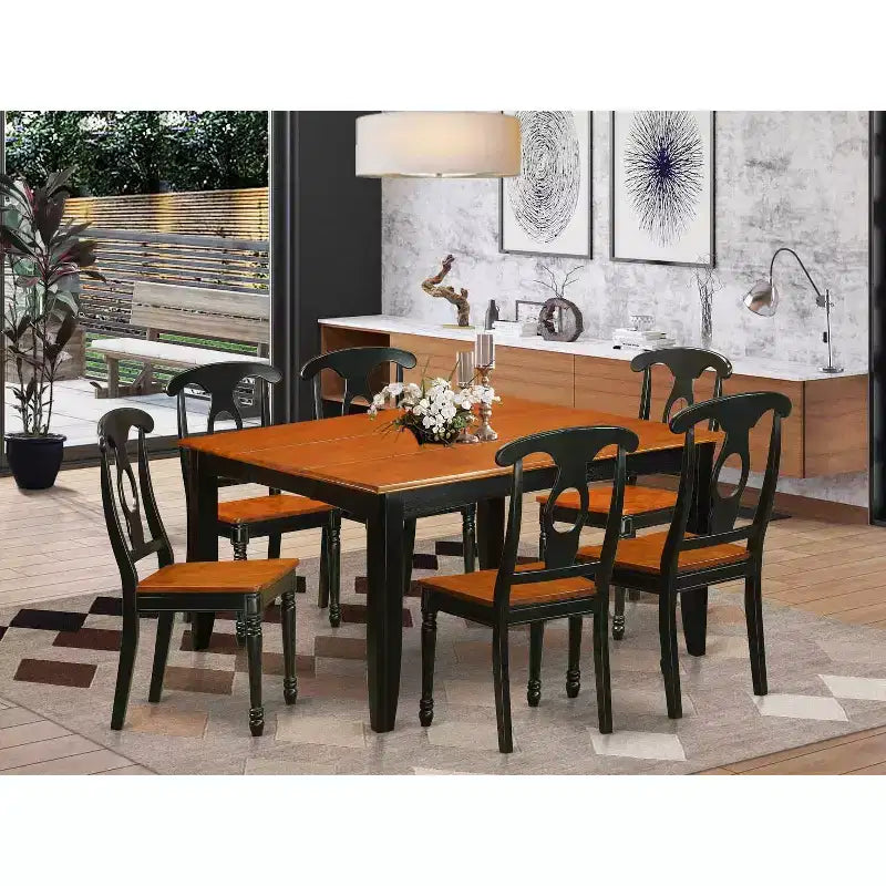 Set da pranzo quadrato 7 pezzi, piano in legno massello nero e ciliegio, 6 posti a sedere