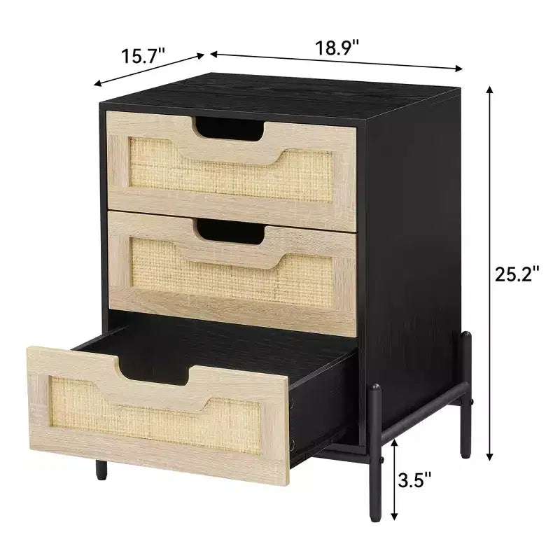 Comodino in rattan con 3 cassetti, tavolino da notte compatto, tavolino rustico in legno con contenitore, gambe in metallo, per camera da letto, soggiorno, facile montaggio