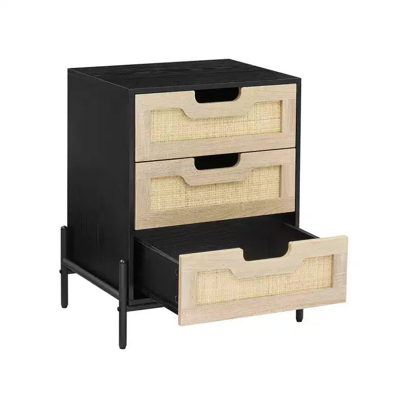 Comodino in rattan con 3 cassetti, tavolino da notte compatto, tavolino rustico in legno con contenitore, gambe in metallo, per camera da letto, soggiorno, facile montaggio