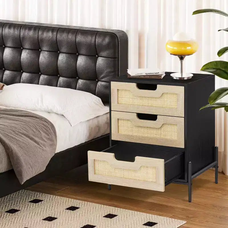 Comodino in rattan con 3 cassetti, tavolino da notte compatto, tavolino rustico in legno con contenitore, gambe in metallo, per camera da letto, soggiorno, facile montaggio