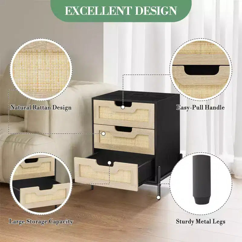 Comodino in rattan con 3 cassetti, tavolino da notte compatto, tavolino rustico in legno con contenitore, gambe in metallo, per camera da letto, soggiorno, facile montaggio