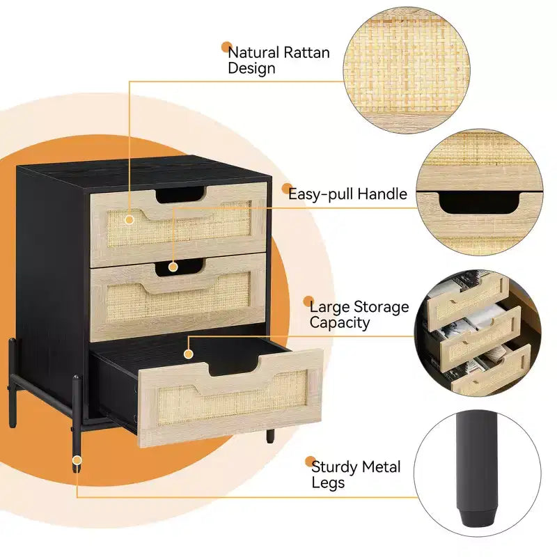 Comodino in rattan con 3 cassetti, tavolino da notte compatto, tavolino rustico in legno con contenitore, gambe in metallo, per camera da letto, soggiorno, facile montaggio