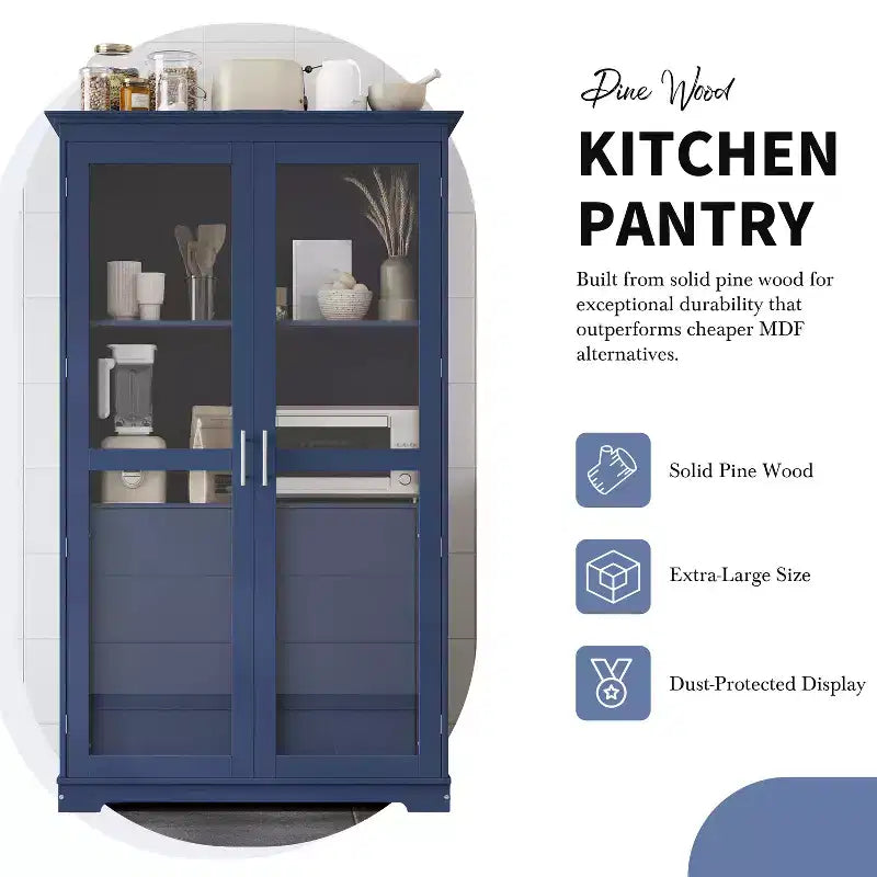 Mobile dispensa da cucina autoportante con ante in vetro e 4 cassetti, 113,5x51x190,5 cm