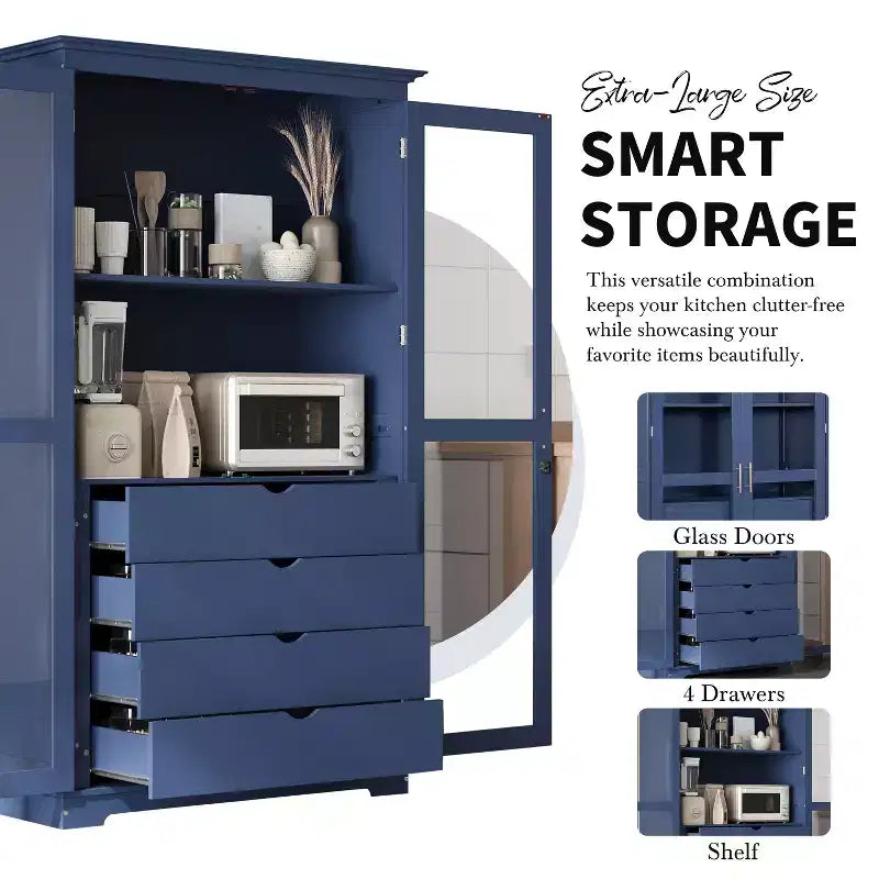 Mobile dispensa da cucina autoportante con ante in vetro e 4 cassetti, 113,5x51x190,5 cm
