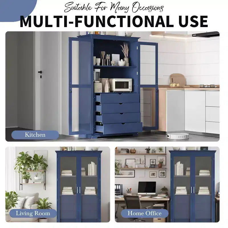 Mobile dispensa da cucina autoportante con ante in vetro e 4 cassetti, 113,5x51x190,5 cm