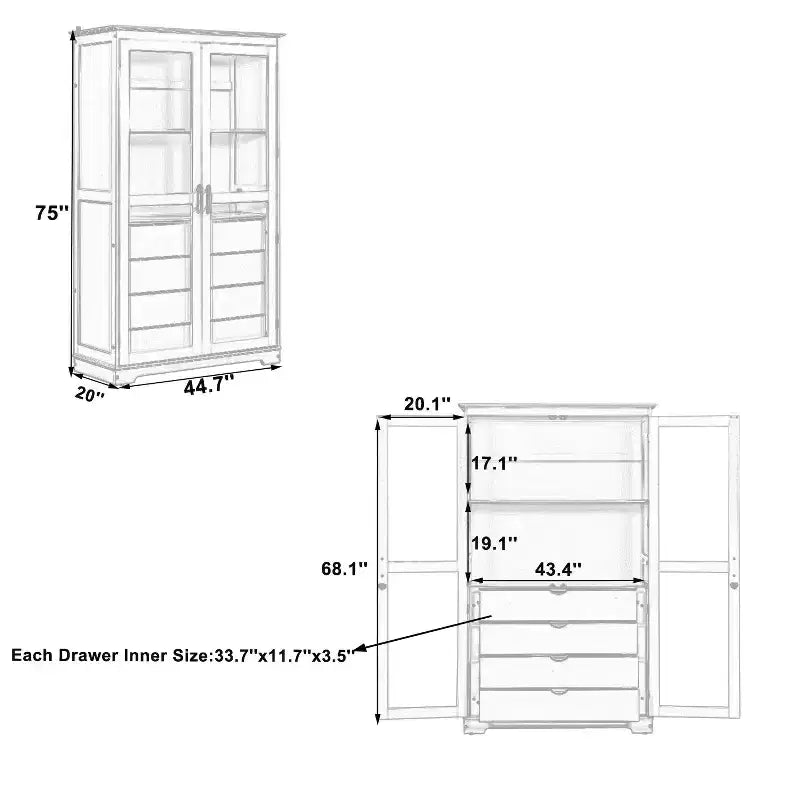 Mobile dispensa da cucina autoportante con ante in vetro e 4 cassetti, 113,5x51x190,5 cm