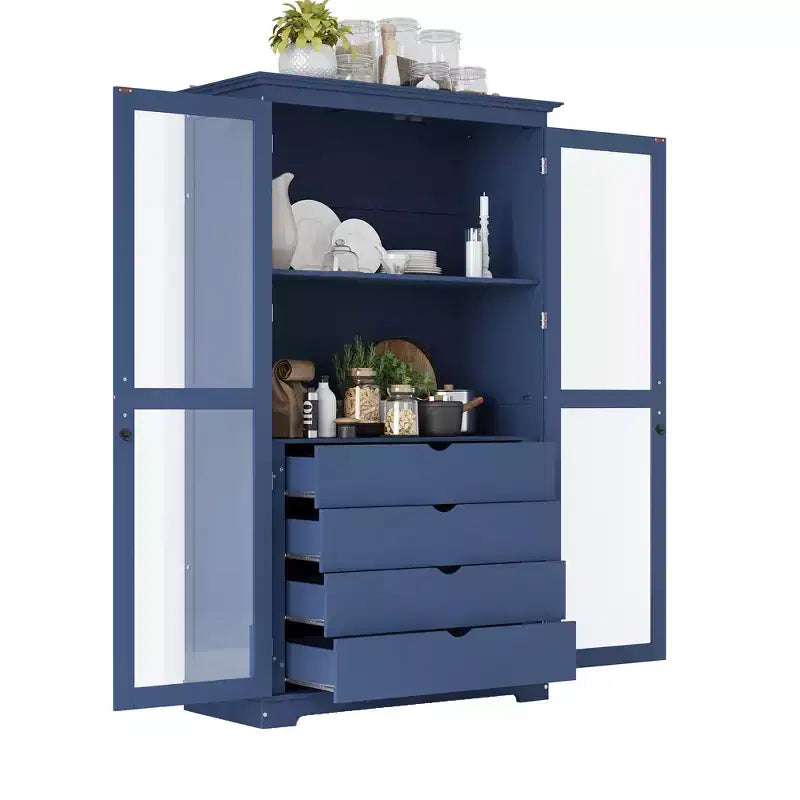 Mobile dispensa da cucina autoportante con ante in vetro e 4 cassetti, 113,5x51x190,5 cm
