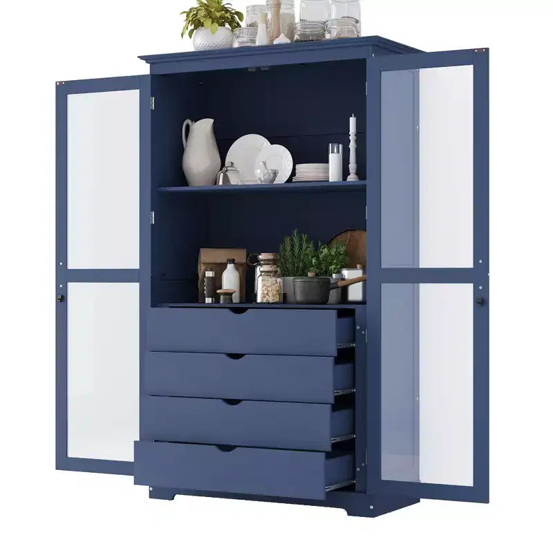 Mobile dispensa da cucina autoportante con ante in vetro e 4 cassetti, 113,5x51x190,5 cm