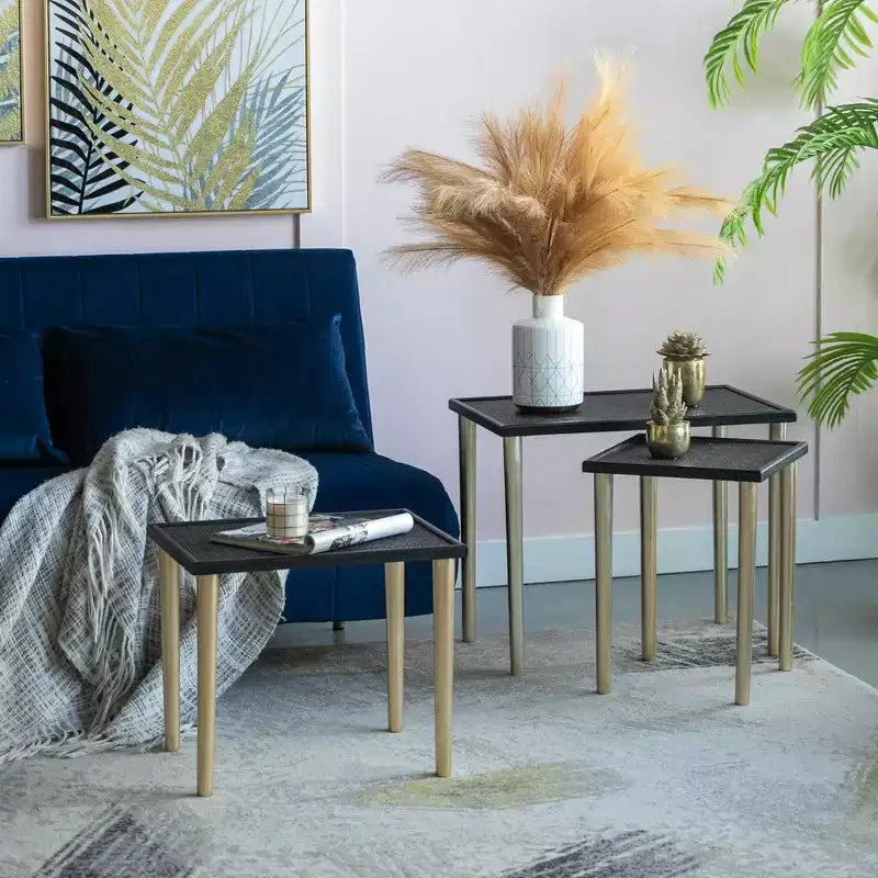 Tavolini Accent Boho Nido in Rattan e Legno, Nero e Oro, Set da 3