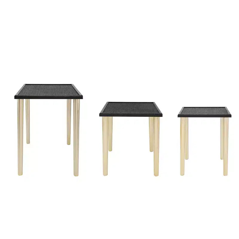 Tavolini Accent Boho Nido in Rattan e Legno, Nero e Oro, Set da 3