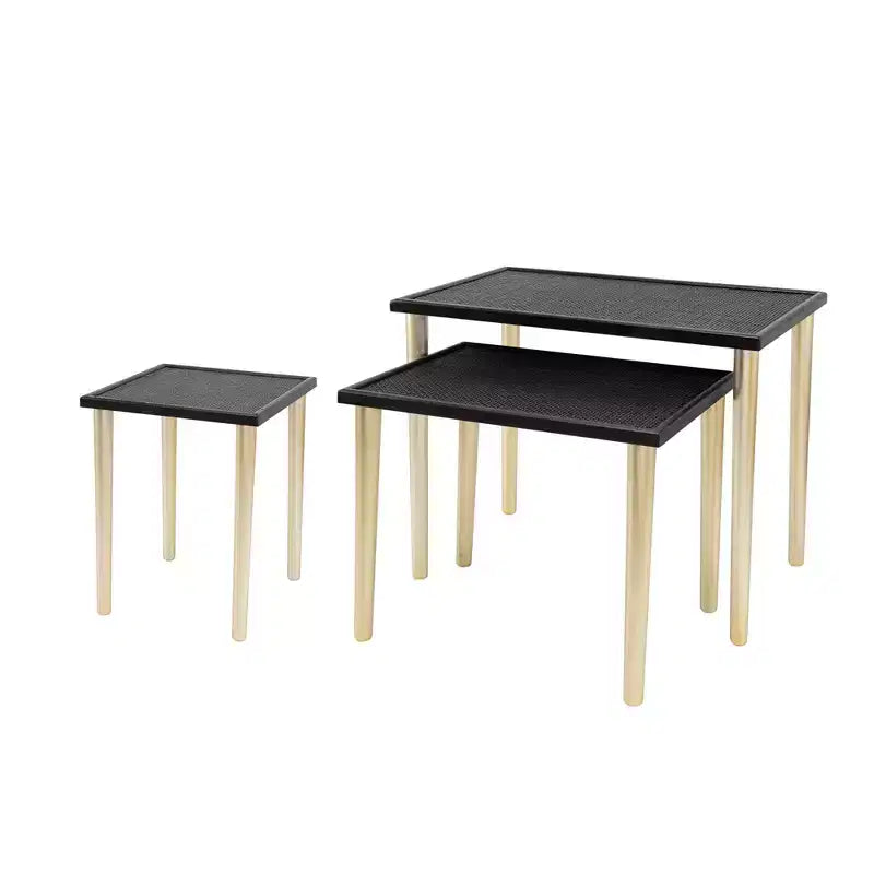 Tavolini Accent Boho Nido in Rattan e Legno, Nero e Oro, Set da 3
