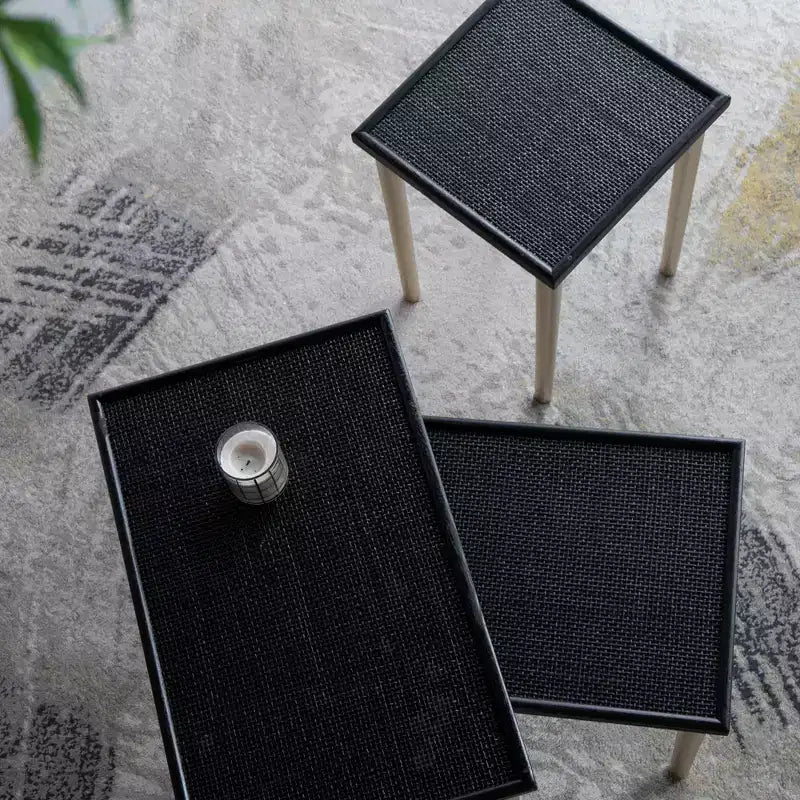 Tavolini Accent Boho Nido in Rattan e Legno, Nero e Oro, Set da 3