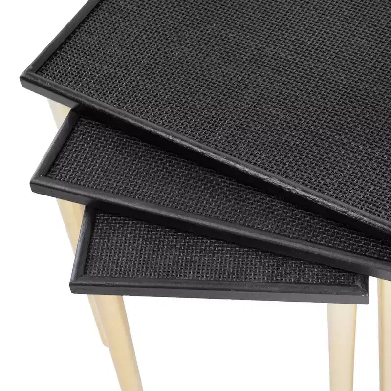 Tavolini Accent Boho Nido in Rattan e Legno, Nero e Oro, Set da 3