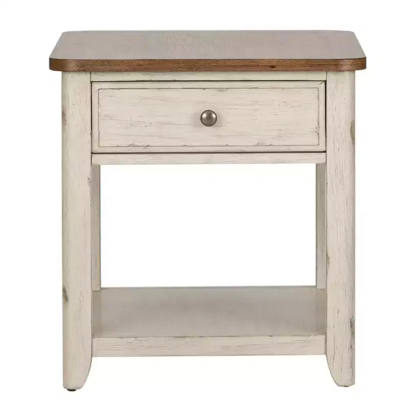 Tavolino da Divano con Cesto e Cassetto, Bianco Antico e Piano Color Castagna