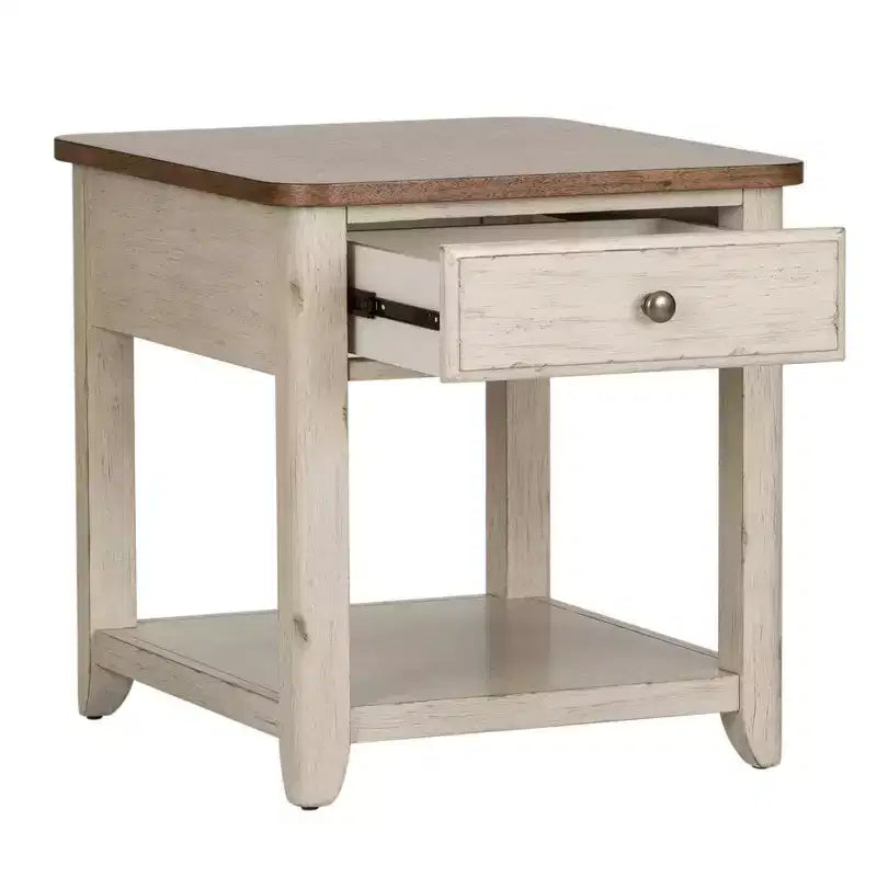Tavolino da Divano con Cesto e Cassetto, Bianco Antico e Piano Color Castagna