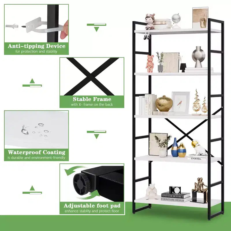 Celebalcony 62.2 H x 23.6 W Scaffale a 5 ripiani, libreria alta in legno con struttura in metallo, moderno porta libri, scaffali portaoggetti per ufficio domestico