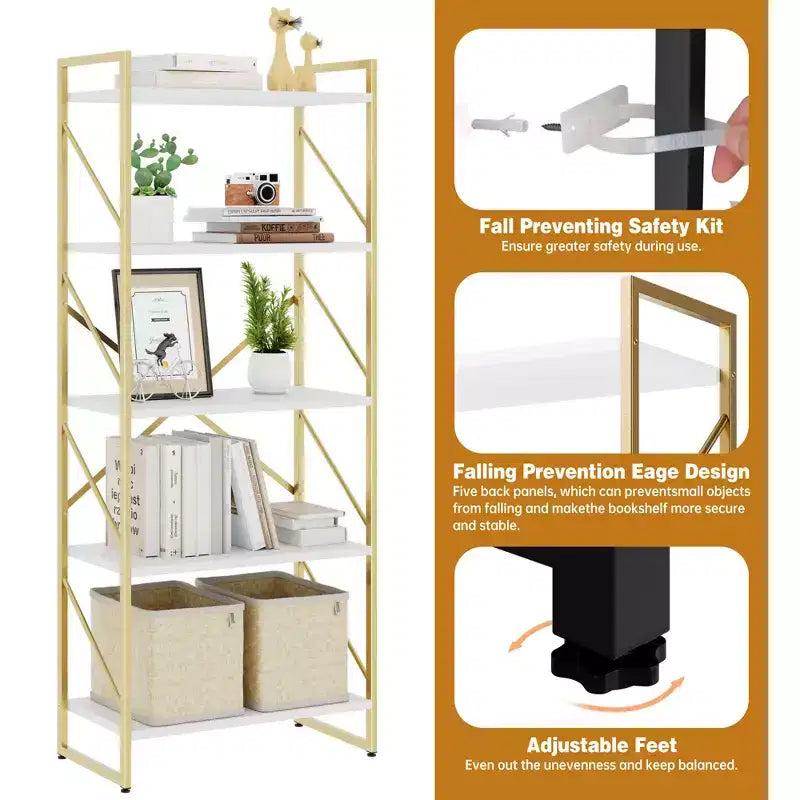 Celebalcony 62.2 H x 23.6 W Scaffale a 5 ripiani, libreria alta in legno con struttura in metallo, moderno porta libri, scaffali portaoggetti per ufficio domestico