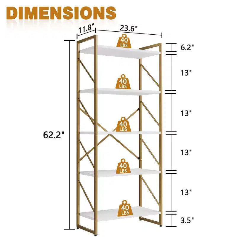 Celebalcony 62.2 H x 23.6 W Scaffale a 5 ripiani, libreria alta in legno con struttura in metallo, moderno porta libri, scaffali portaoggetti per ufficio domestico