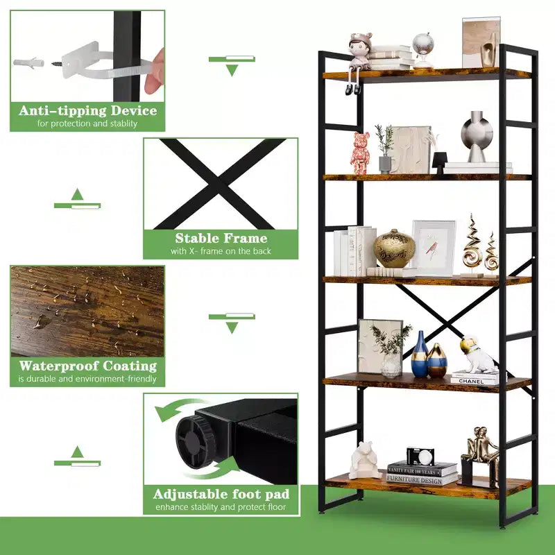 Celebalcony 62.2 H x 23.6 W Scaffale a 5 ripiani, libreria alta in legno con struttura in metallo, moderno porta libri, scaffali portaoggetti per ufficio domestico