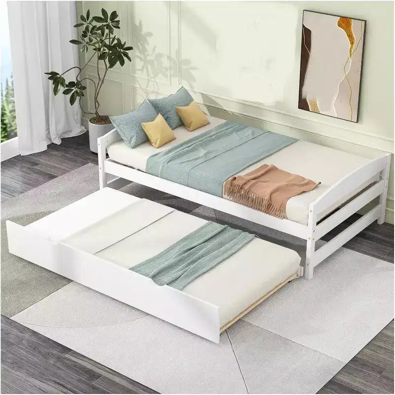 Lettino in legno con rotelle, letto a piattaforma a una piazza, struttura salvaspazio per bambini e ospiti bianco taglia unica