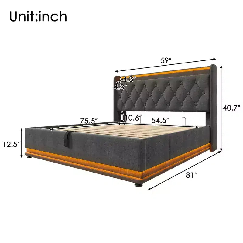 Letto imbottito con illuminazione a LED a 360°, ricarica USB-C e contenitore idraulico, grigio