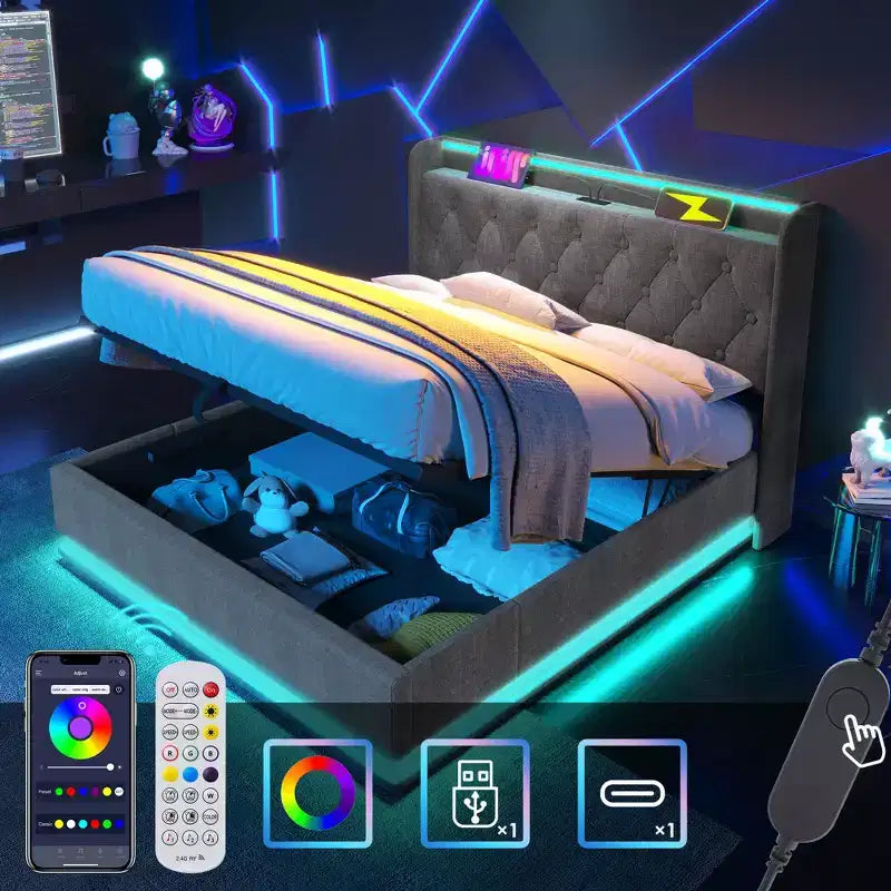 Letto imbottito con illuminazione a LED a 360°, ricarica USB-C e contenitore idraulico, grigio