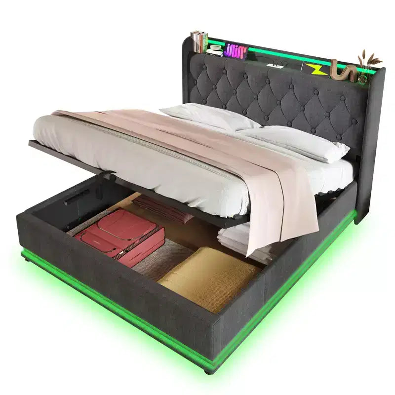 Letto imbottito con illuminazione a LED a 360°, ricarica USB-C e contenitore idraulico, grigio