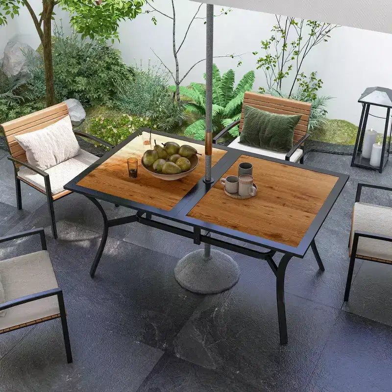 Tavolo da Patio Rettangolare con Foro per Ombrellone, Tavolo da Pranzo da Esterno Rettangolare in Finto Legno per 6 Persone per Giardino