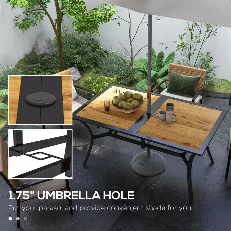 Tavolo da Patio Rettangolare con Foro per Ombrellone, Tavolo da Pranzo da Esterno Rettangolare in Finto Legno per 6 Persone per Giardino