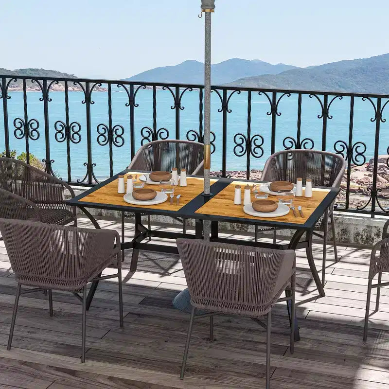 Tavolo da Patio Rettangolare con Foro per Ombrellone, Tavolo da Pranzo da Esterno Rettangolare in Finto Legno per 6 Persone per Giardino