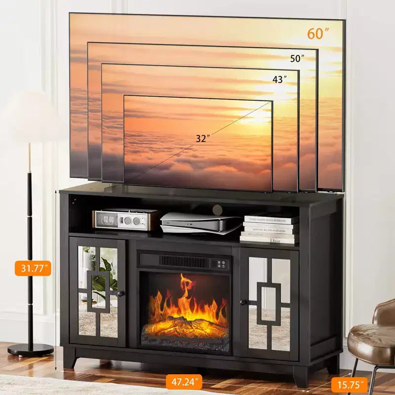 Mobile TV con caminetto per TV da 60" – Riscaldatore elettrico, vani portaoggetti con ante in vetro, ripiani regolabili