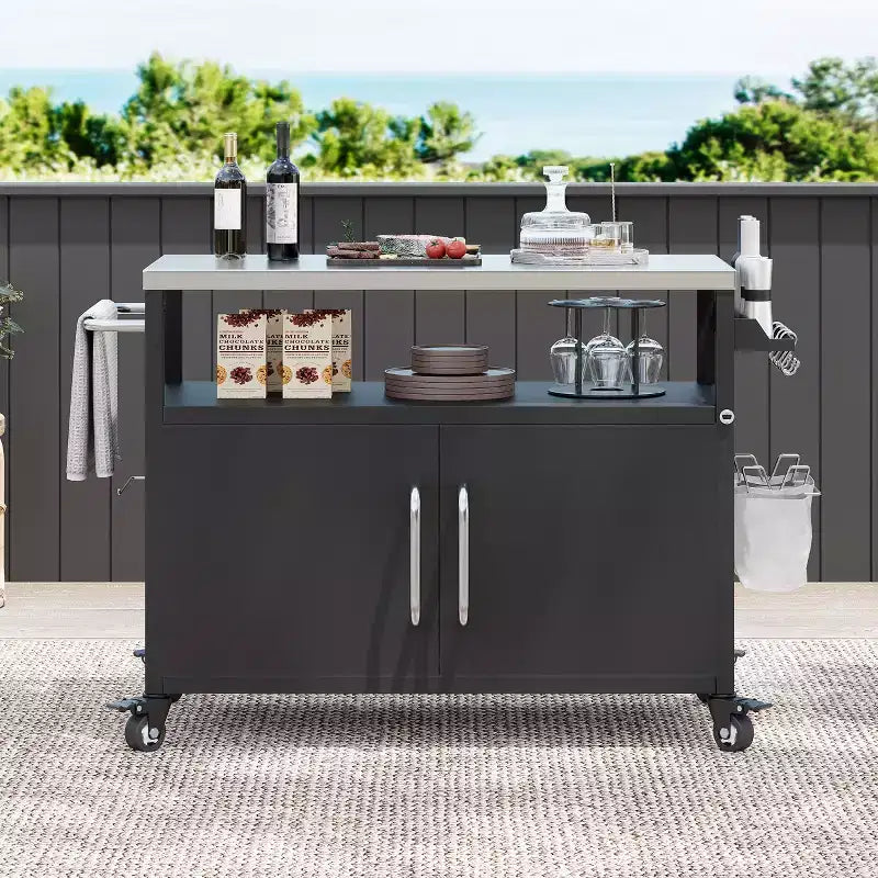 Isola Cucina da Esterno da 54,5 Pollici con Piano in Acciaio Inossidabile, Carrello Bar da Esterno con 4 Ruote Bloccabili per BBQ all'Aperto
