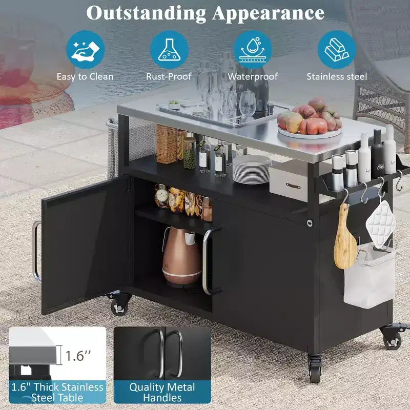Isola Cucina da Esterno da 54,5 Pollici con Piano in Acciaio Inossidabile, Carrello Bar da Esterno con 4 Ruote Bloccabili per BBQ all'Aperto