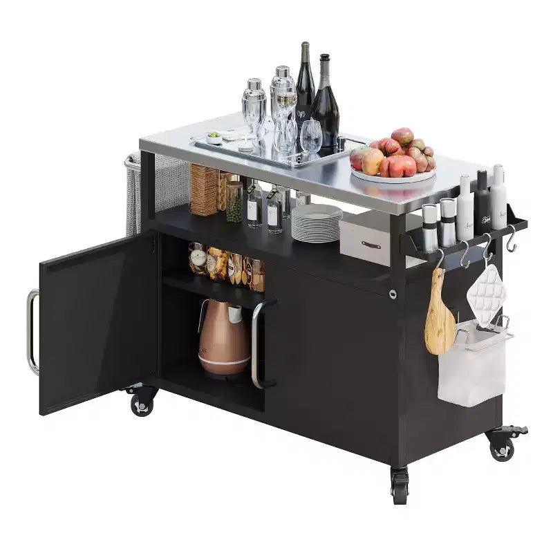 Isola Cucina da Esterno da 54,5 Pollici con Piano in Acciaio Inossidabile, Carrello Bar da Esterno con 4 Ruote Bloccabili per BBQ all'Aperto
