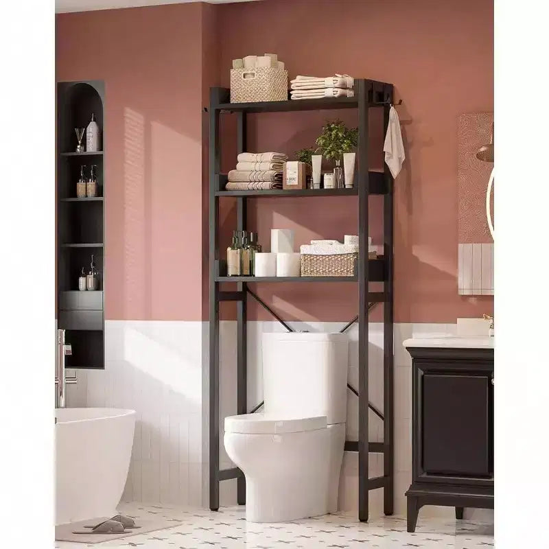 Scaffale portaoggetti da bagno da posizionare sopra il WC a 3 ripiani, salvaspazio da terra con 4 ganci, nero