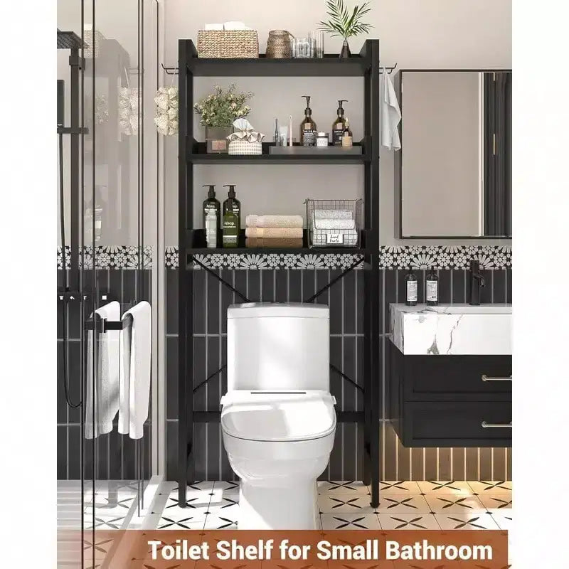 Scaffale portaoggetti da bagno da posizionare sopra il WC a 3 ripiani, salvaspazio da terra con 4 ganci, nero