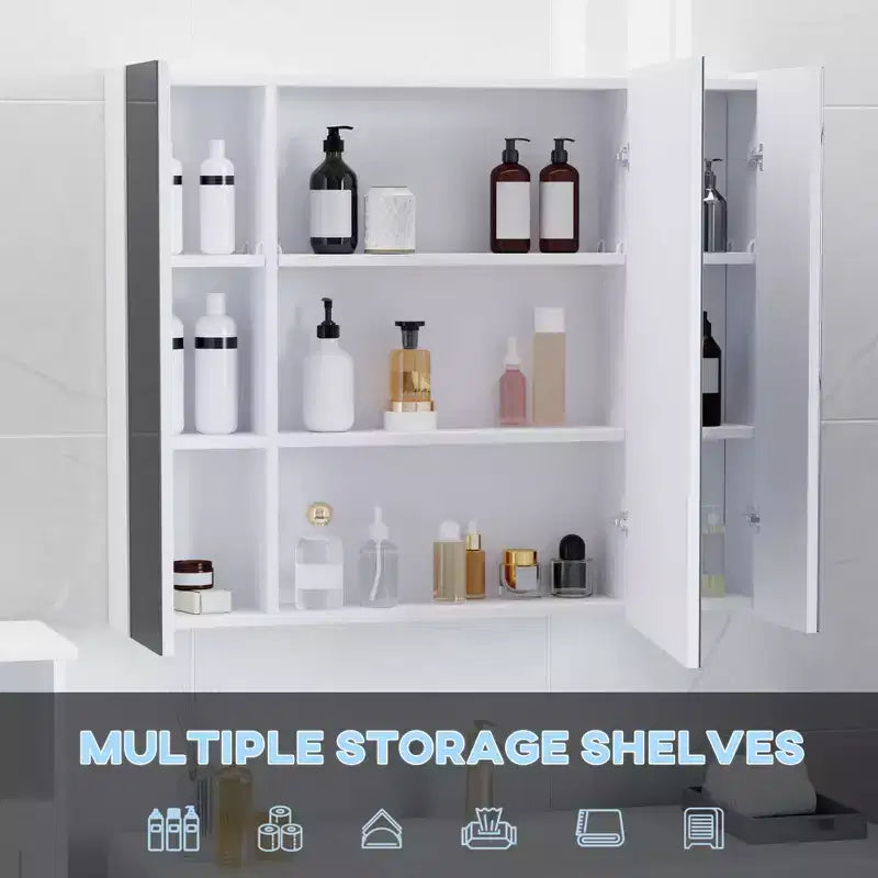 Mobiletto con specchio a LED, organizer da bagno a parete con interruttore touch dimmerabile, ricarica USB