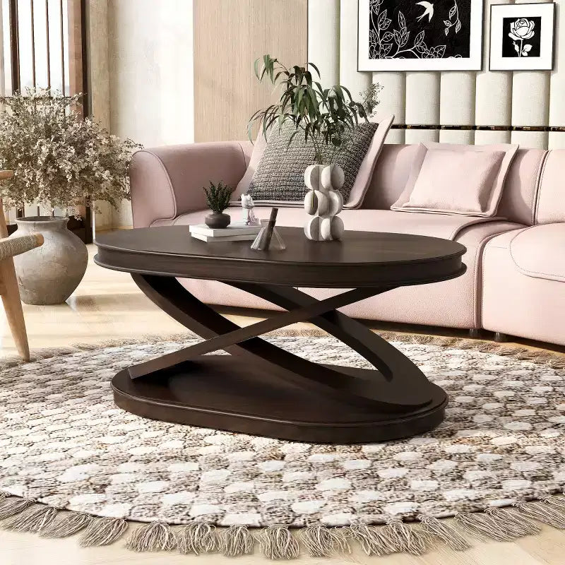 Tavolino da caffè ovale moderno da 31,5" con base a X, tavolo centrale minimalista impiallacciato in legno per soggiorno o ufficio domestico-Panipeachy