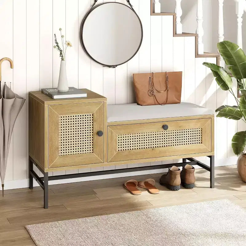 Panca scarpiera in rattan con contenitore, Panca da ingresso con cassetto ribaltabile, Panca contenitore per scarpe per ingresso e camera da letto
