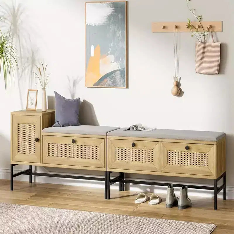 Panca scarpiera in rattan con contenitore, Panca da ingresso con cassetto ribaltabile, Panca contenitore per scarpe per ingresso e camera da letto