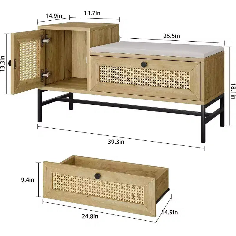 Panca scarpiera in rattan con contenitore, Panca da ingresso con cassetto ribaltabile, Panca contenitore per scarpe per ingresso e camera da letto