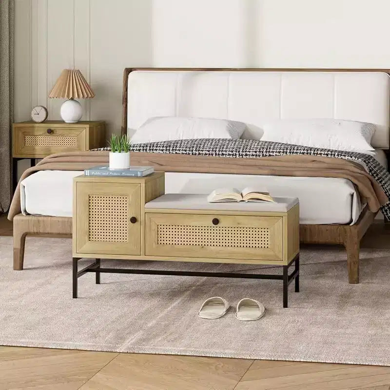 Panca scarpiera in rattan con contenitore, Panca da ingresso con cassetto ribaltabile, Panca contenitore per scarpe per ingresso e camera da letto